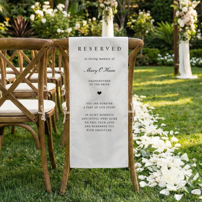 Chemin De Table Court Memorial Wedding Chair Fabric Sign Reserved Banner (Memorial fabric chair banner draped over chair, double sided with custom name and message)