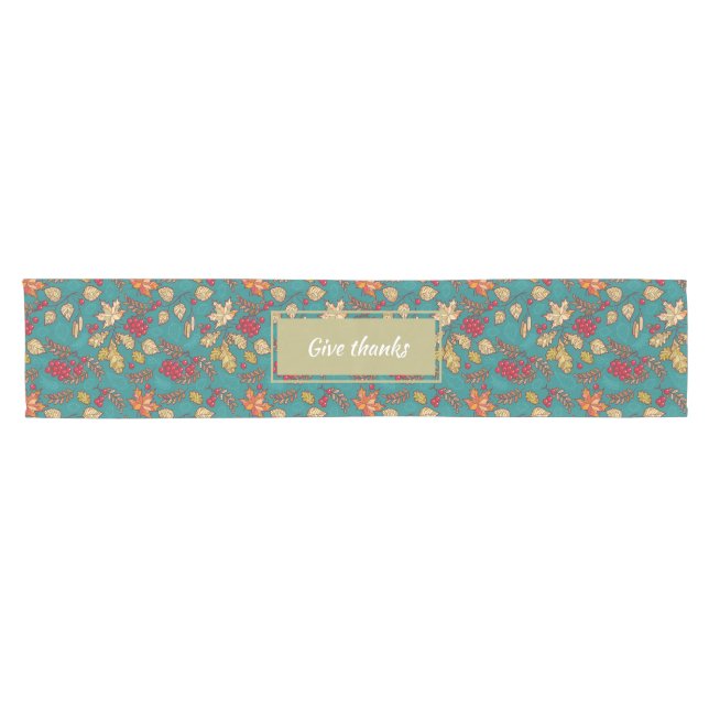 Chemin De Table Court Merci Motif Feuille sur Blue Thanksgiving (Horizontal)