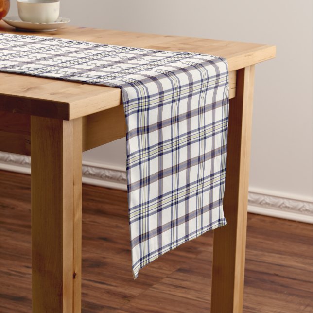 Chemin De Table Court Merino White and Blue Zodiac Plaid (In Situ)
