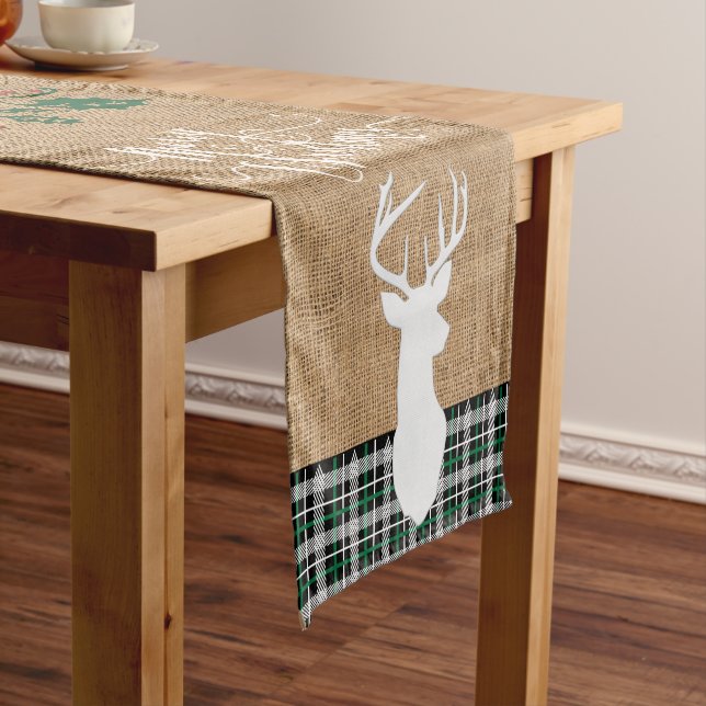 Chemin De Table Court Merry Christmas Deer - Green Plaid (In Situ)