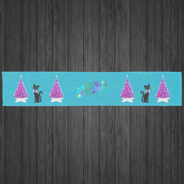 Chemin De Table Court Merry Christmas Pink Trees Pretty Black Cat Stars  (Pink christmas trees pretty black cats colouful stars on aqua blue Merry Christmas table runner.)