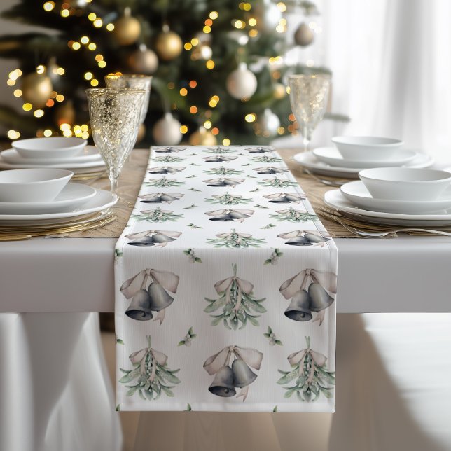 Chemin De Table Court Mistletoe Clochettes de Noël  (Silver Bells and Mistletoe Table Runner)