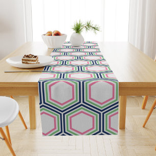 Chemin De Table Court Modern Blue Green Hexagons Pattern