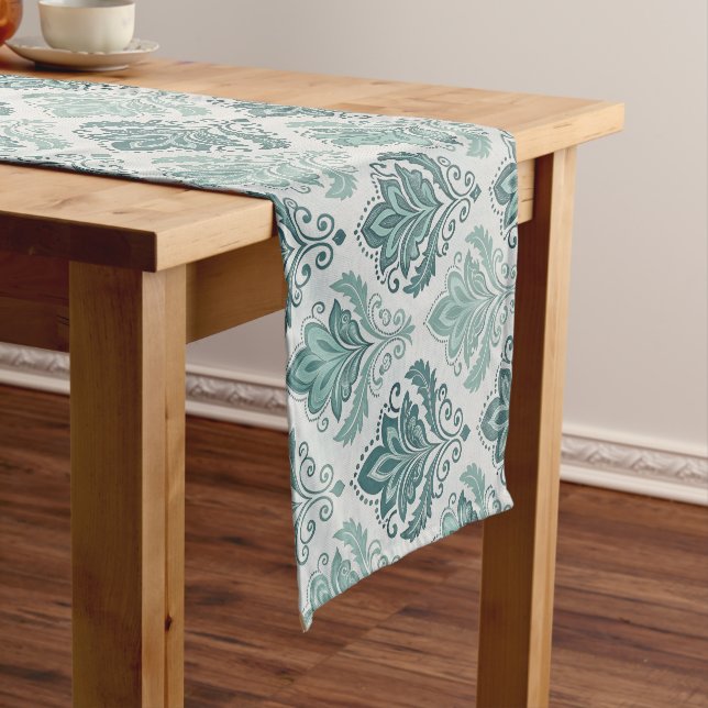 Chemin De Table Court Modern Teal Nordic Damask (In Situ)