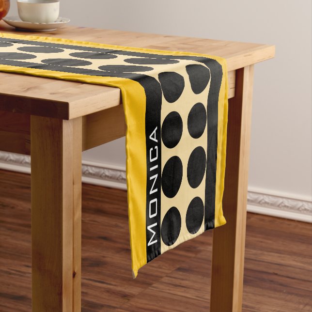 Chemin De Table Court Modern yellow  beige &black dots monogram name (In Situ)