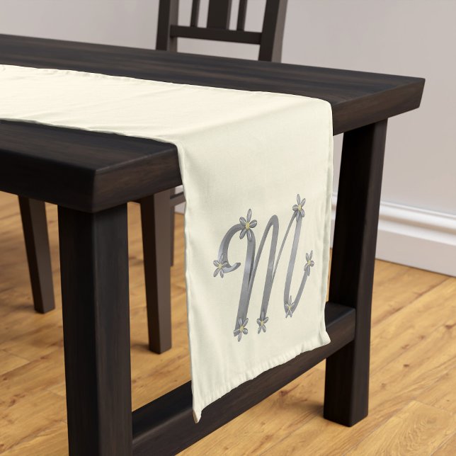 Chemin De Table Court Monogramme Argent Lettre M Cream Table Runner (A cream table runner with a fancy silver letter M with cute daisy details just for you)