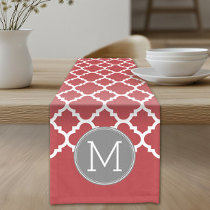 Chemin De Table Court Monogramme de Motif géométrique rouge et gris
