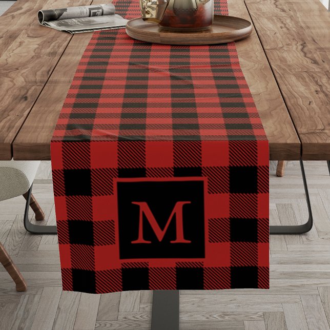 Chemin De Table Court Monogramme personnalisé Black Red Buffalo Plaid Mo (Créateur téléchargé)