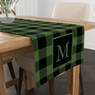 Chemin De Table Court Monogramme personnalisé Buffle noir vert Plaid Mot