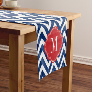 Chemin De Table Court Monogramme rouge blanc et bleu Chevron
