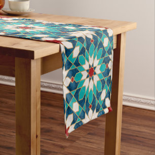 Chemin De Table Court Mosaïque marocaine de marbre blanc Turquoise bleu