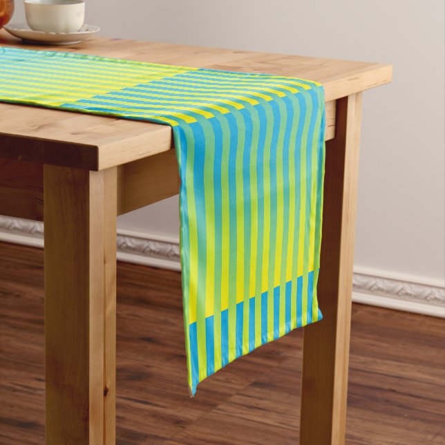 Chemin De Table Court Motif bleu jaune vert rayé (In Situ)