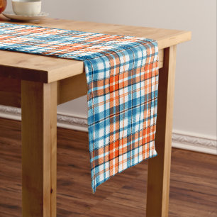 Chemin De Table Court Motif carreaux tartan bleu orange blanc