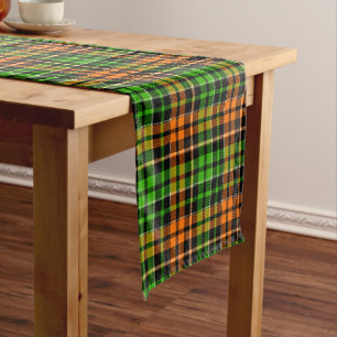 Chemin De Table Court Motif carreaux tartan vert orange noir