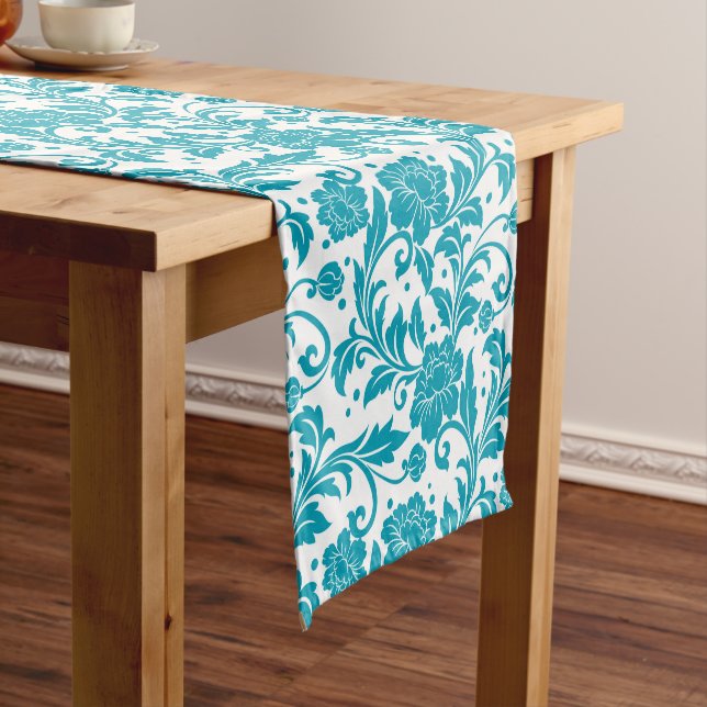 Chemin De Table Court Motif damassé floral turquoise et blanc (In Situ)
