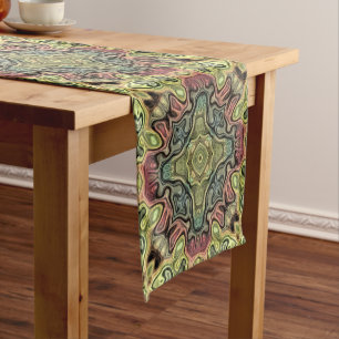 Chemin De Table Court Motif d'art orné rouge Marsala jaune ocre sarcelle