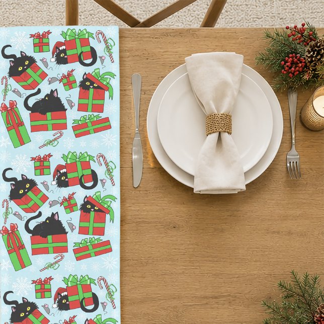 Chemin De Table Court Motif de cadeaux de Noël de chats noirs (Créateur téléchargé)