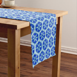 Chemin De Table Court Motif de fermeture de flocon de neige - Bleu et bl