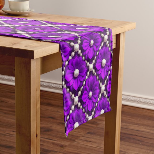 Chemin De Table Court Motif de fleur violette avec perles (In Situ)
