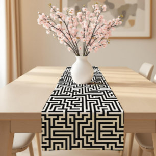 Chemin De Table Court Motif de labyrinthe géométrique noir sur blanc