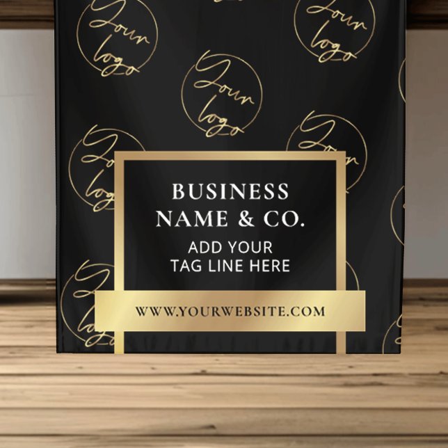 Chemin De Table Court Motif de logo noir et or d'affaires (Faux gold effect step repeat logo black table runner)