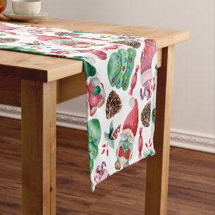 Chemin De Table Court Motif de lutins de Noël à l'aquarelle mignon rouge