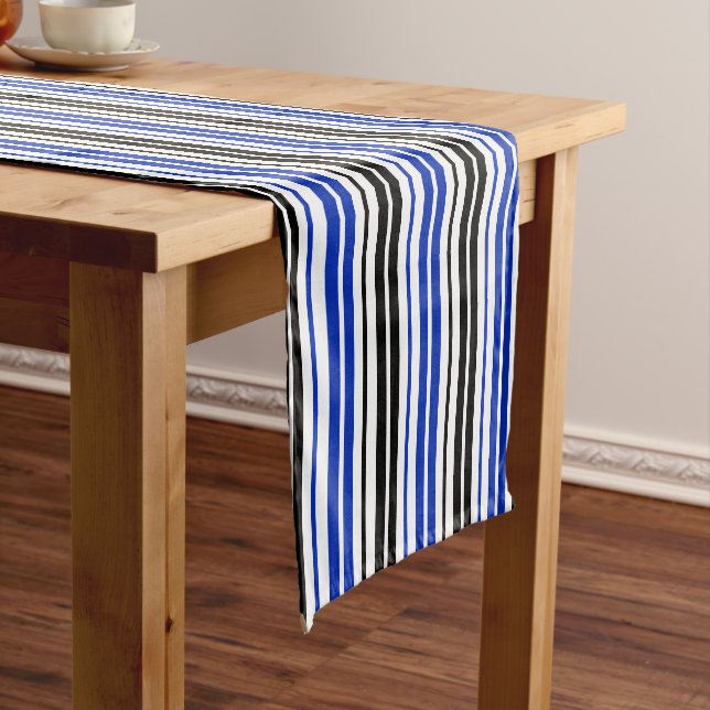 Chemin De Table Court Motif de rayures blanches noires bleues  (In Situ)