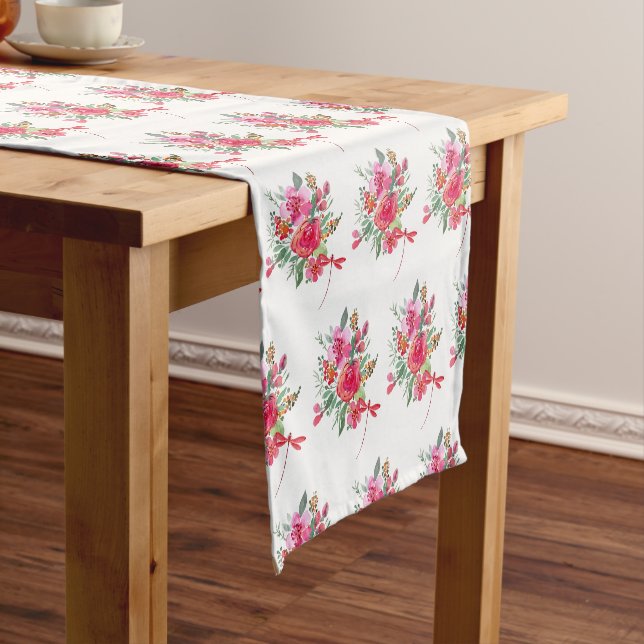 Chemin De Table Court Motif fleurs roses et libellules  (In Situ)