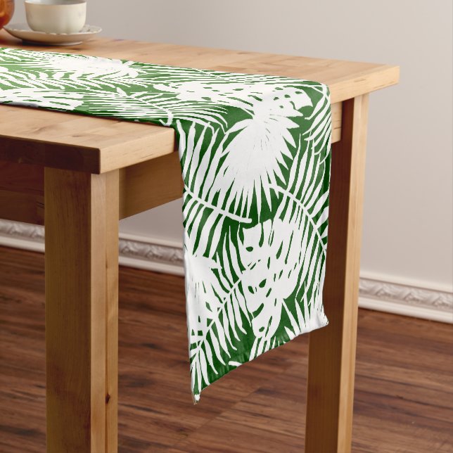 CHEMIN DE TABLE COURT MOTIF SANS COUTURE FEUILLES VERT BLANC  (In Situ)