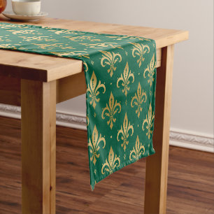 Chemin De Table Court Motif sans soudure à fleur de lis or sur vert