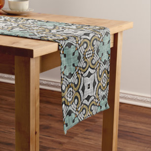 Chemin De Table Court Mustard Brown Turquoise vert gris noir tribu Art