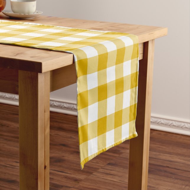 Chemin De Table Court Mustard Yellow Plaid Gingham Retro Table Runner (In Situ)