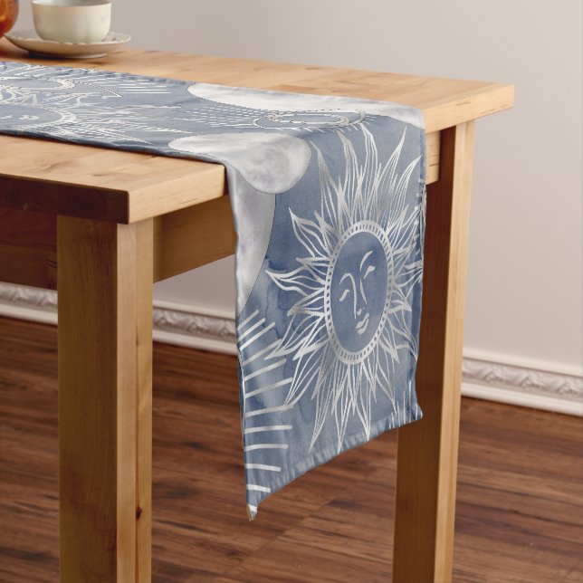 Chemin De Table Court Mystique solaire | Dusty Blue Silver Moon Stars So (In Situ)