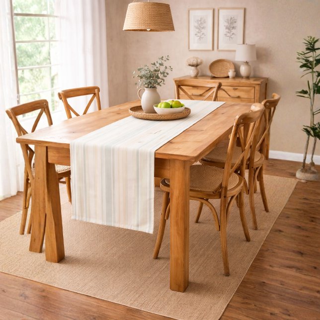 Chemin De Table Court Neutral Dusty Blue Striped | Rustic Farmhouse (Créateur téléchargé)