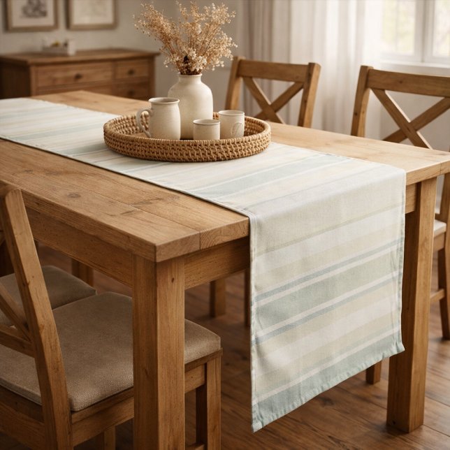 Chemin De Table Court Neutral Dusty Blue Striped | Rustic Farmhouse (Créateur téléchargé)