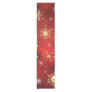 Chemin De Table Court Noël Golden Snowflakes sur Arrière - plan rouge