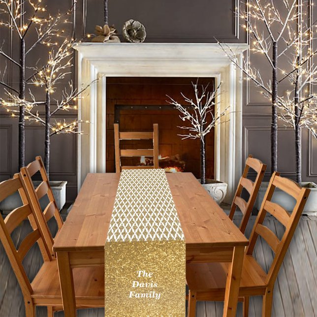 Chemin De Table Court Noël Golden Stars et Parties scintillant Nom perso (Créateur téléchargé)