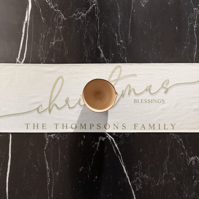 Chemin De Table Court Noël Simple Gold Calligraphie Script Bénédictions (Christmas gold calligraphy script custom table runner)
