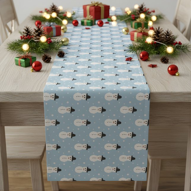 Chemin De Table Court Noël Snowman motif en bleu (snowman table runner)