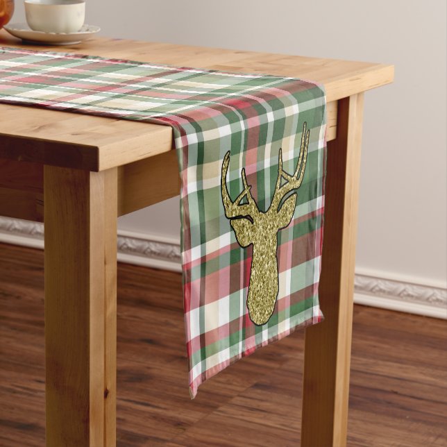 Chemin De Table Court Noël XMAS Plaid Tartan Gold Deer Buck Head (In Situ)