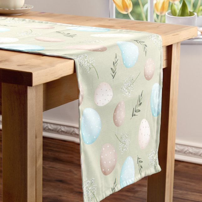 Chemin De Table Court Oeufs de printemps Pastel Vert Pâques Lin de table (Spring Eggs Pastel Green Easter Linen Table Runner)