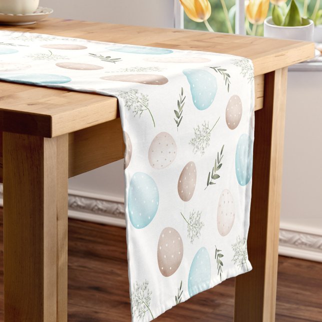 Chemin De Table Court Oeufs Printemps Bleu Beige Linge de Pâques Coureur (Eggs Spring Blue Beige Easter Linen Table Runner)