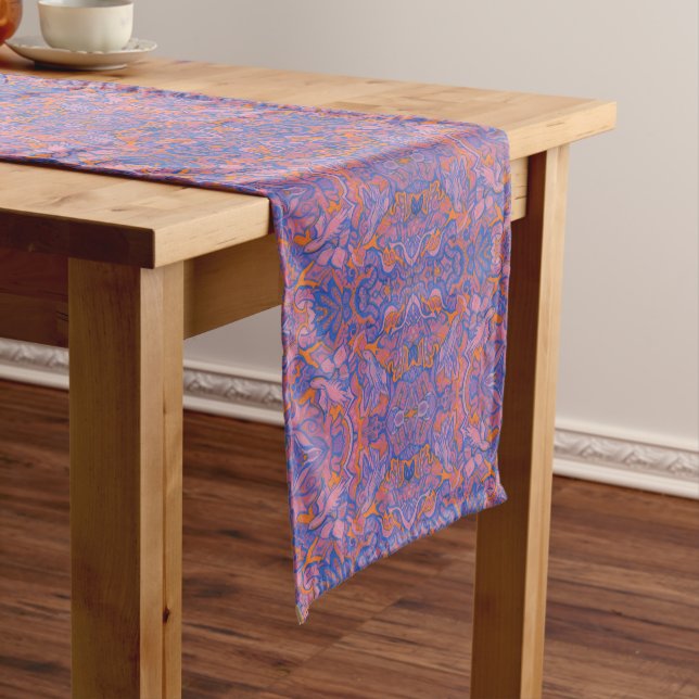 Chemin De Table Court Oiseaux Arabesque Oriental Bohème Boho Bleu Orange (In Situ)