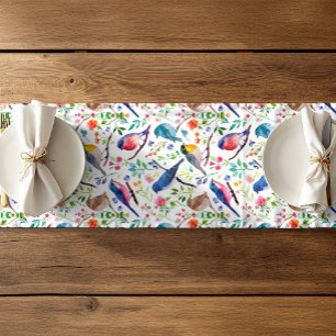 Chemin De Table Court Oiseaux colorés et Fleurs Whimsical Motif
