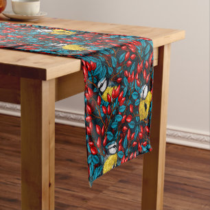 Chemin De Table Court Oiseaux et hanches roses de chien, bleu et rouge
