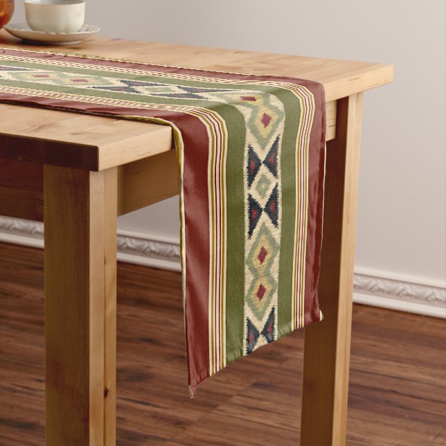 Chemin De Table Court Olive Green Mustard Ochre Yellow Tribal Ikat Art (In Situ)