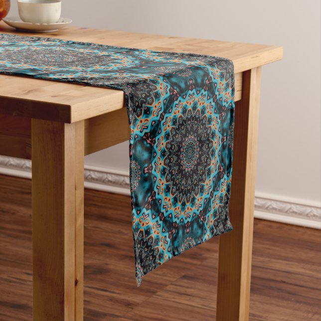 Chemin De Table Court Orange bleu Turquoise noir Mandala Boho Motif (In Situ)
