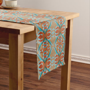 Chemin De Table Court Orange Brown Aqua Turquoise Blue Tribal Art