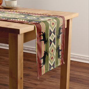 Chemin De Table Court Orignal Animal Faune Rouge Vert Ocre Ikat Rayures
