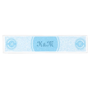 Chemin De Table Court Paisley et couronne blanc et bleu monogramme
